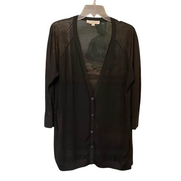 The Loft Long Sheer Front V Neck Button Mixed Media Cardigan - Picture 2 of 16